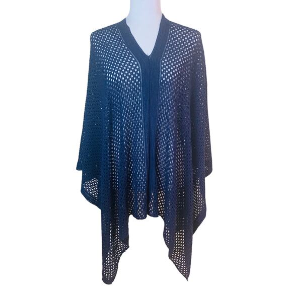 V-Neck Open Knit Kimono Sleeve Poncho Sweater Blue Pullover One Size - Picture 1 of 7